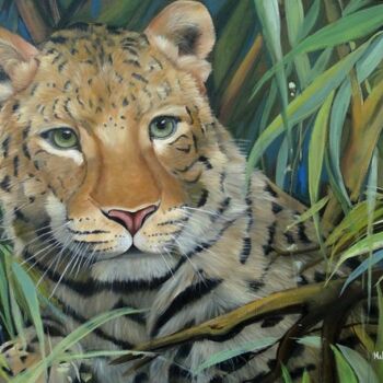 Painting titled "Leopardo das Neves" by Malou Pombo, Original Artwork, Oil