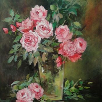 Painting titled "Rosas em vaso de vi…" by Malou Pombo, Original Artwork, Oil
