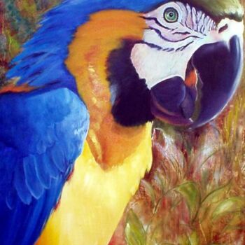 Painting titled "Arara Azul" by Malou Pombo, Original Artwork, Oil
