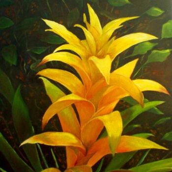 Schilderij getiteld "Bromélia amarela" door Malou Pombo, Origineel Kunstwerk, Olie