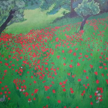 Peinture intitulée "champs de coquelico…" par Maman Aigle, Œuvre d'art originale, Acrylique