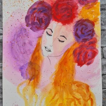 Peinture intitulée "Portrait fleuri" par Maman Aigle, Œuvre d'art originale, Aquarelle