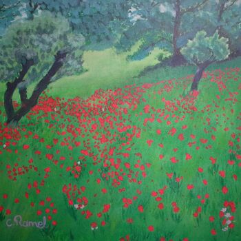 Painting titled "champs de coquelico…" by Maman Aigle, Original Artwork, Acrylic