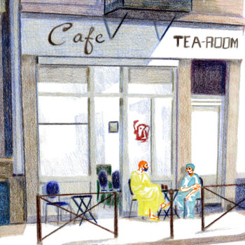 Drawing titled "Café rue Gallait" by Mamoste Dîn, Original Artwork, Pencil