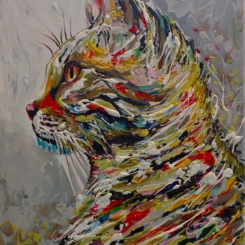Painting titled "Gato Colorido / Col…" by Mancouto, Original Artwork, Acrylic Mounted on Wood Stretcher frame