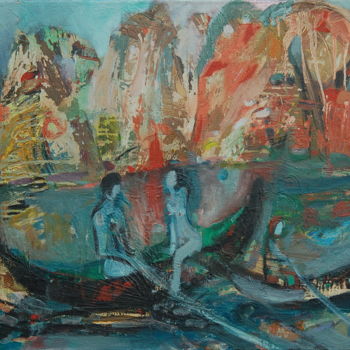 Pittura intitolato "On primitive river." da Romantic, Opera d'arte originale, Olio