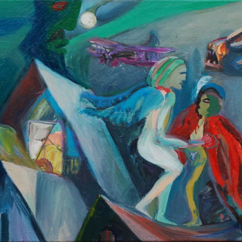 Painting titled "Angels on the roof…" by Romantic, Original Artwork, Oil