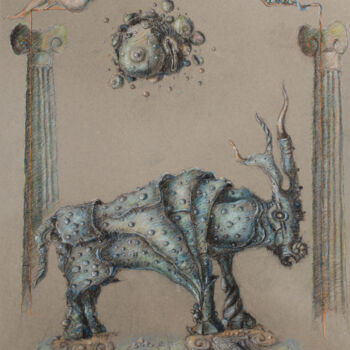 Dibujo titulada "Armored Bull" por Mandy Sand, Obra de arte original, Pastel