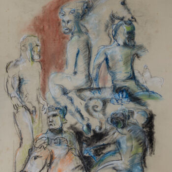 Desenho intitulada "Figures with horses" por Mandy Sand, Obras de arte originais, Pastel