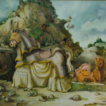 Ζωγραφική με τίτλο "Horses on a slope" από Mandy Sand, Αυθεντικά έργα τέχνης, Λάδι