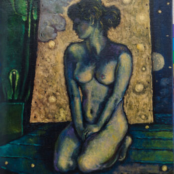 Painting titled "Nude on Golden Back…" by Mandy Sand, Original Artwork, Oil