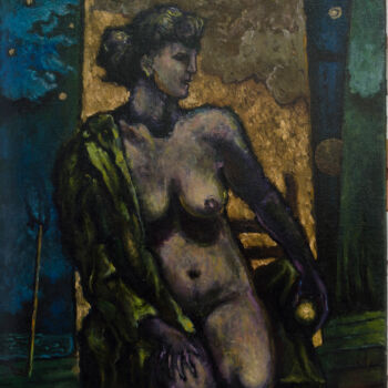 Ζωγραφική με τίτλο "Nude with Green Dre…" από Mandy Sand, Αυθεντικά έργα τέχνης, Λάδι