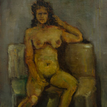 Painting titled "Nude sitting on a c…" by Mandy Sand, Original Artwork, Oil