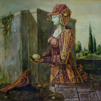 Painting titled "Wooden Woman holdin…" by Mandy Sand, Original Artwork, Oil