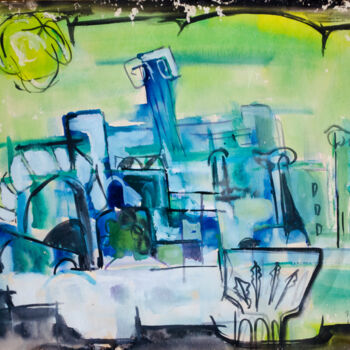 Painting titled "Cityscape" by Mandy Sand, Original Artwork, Watercolor