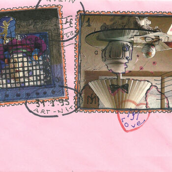 Disegno intitolato "Envelop and stamps…" da Mandy Sand, Opera d'arte originale, Inchiostro