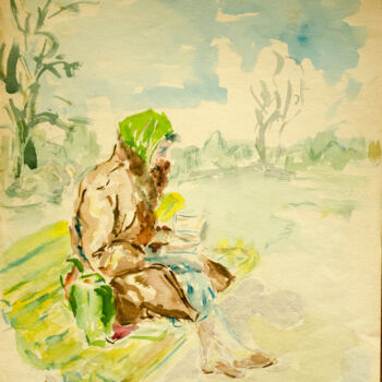 Painting titled "A woman  reading a…" by Mandy Sand, Original Artwork, Watercolor