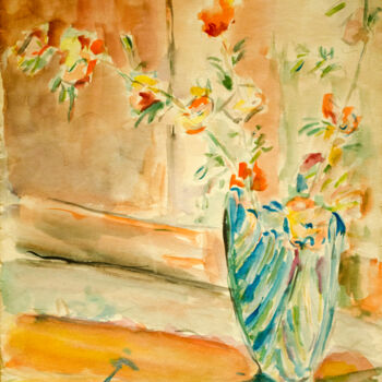 Malerei mit dem Titel "Blue Flower Vase" von Mandy Sand, Original-Kunstwerk, Aquarell