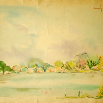 Peinture intitulée "Lake and trees" par Mandy Sand, Œuvre d'art originale, Aquarelle