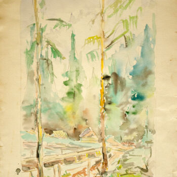 Painting titled "Rain in the Forest" by Mandy Sand, Original Artwork, Watercolor