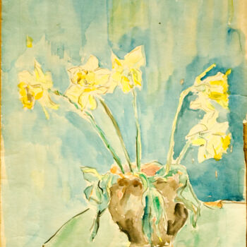 Painting titled "Vase with narcissi" by Mandy Sand, Original Artwork, Watercolor