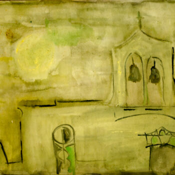 Painting titled "Green Church" by Mandy Sand, Original Artwork, Watercolor