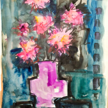 Painting titled "Vase with pink flow…" by Mandy Sand, Original Artwork, Watercolor