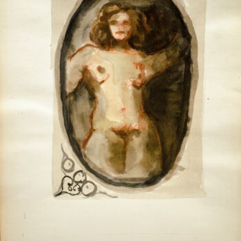 Painting titled "Nude standing - Oval" by Mandy Sand, Original Artwork, Watercolor