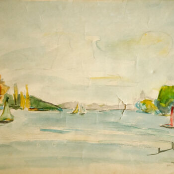Malerei mit dem Titel "Lake trees and boats" von Mandy Sand, Original-Kunstwerk, Aquarell
