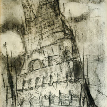 「Tower of Babel」というタイトルの描画 Mandy Sandによって, オリジナルのアートワーク, 木炭