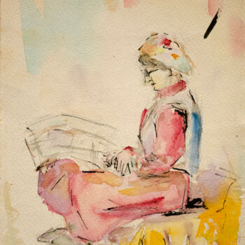 Malarstwo zatytułowany „Woman reads” autorstwa Mandy Sand, Oryginalna praca, Akwarela