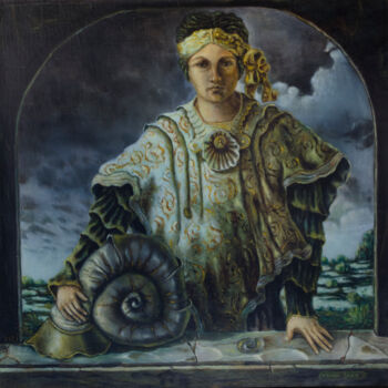 Malerei mit dem Titel "Agnes with odd snail" von Mandy Sand, Original-Kunstwerk, Öl