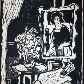 Druckgrafik mit dem Titel "Sitting Woman with…" von Mandy Sand, Original-Kunstwerk, Holzschnitt