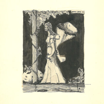 Disegno intitolato "Angel and tree" da Mandy Sand, Opera d'arte originale, Inchiostro