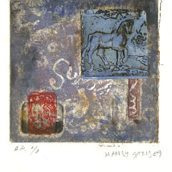 Prenten & gravures getiteld "Blue Foal with sign…" door Mandy Sand, Origineel Kunstwerk, Gravure