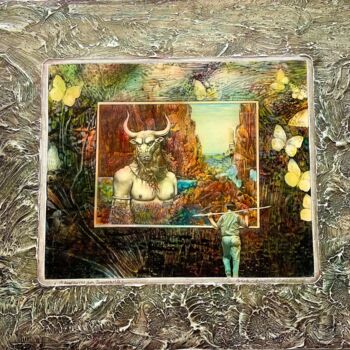 Painting titled "Mino Taurus am Tama…" by Manfred Beck-Arnstein, Original Artwork, Pencil Mounted on Wood Panel