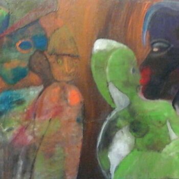 Schilderij getiteld "Il ragazzo e le Sib…" door Mangani', Origineel Kunstwerk, Glazuur Gemonteerd op Houten paneel