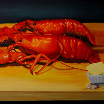 Painting titled "Homards pour dîner" by Manon Germain, Original Artwork, Oil Mounted on Other rigid panel