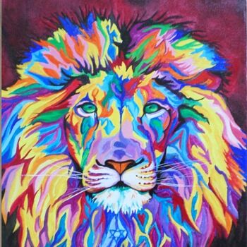 Peinture intitulée "lion-multicolore" par Willy Et Emily Marceau, Œuvre d'art originale, Huile