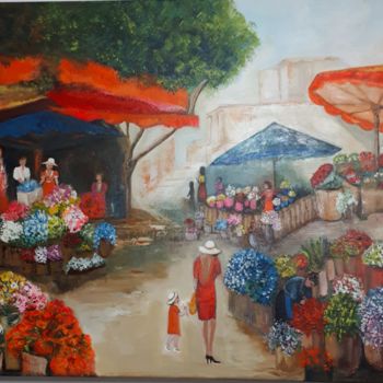 Картина под названием "Le marché aux fleurs" - Manino, Подлинное произведение искусства, Акрил Установлен на Деревянная рама…