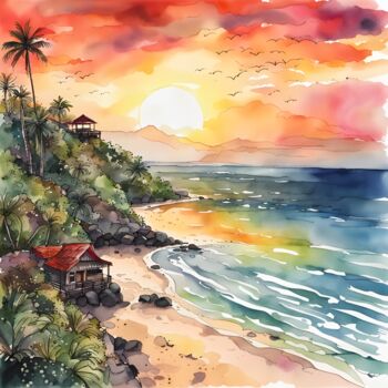 Arts numériques intitulée "Sunset in Bali" par Mankdhani, Œuvre d'art originale, Image générée par l'IA
