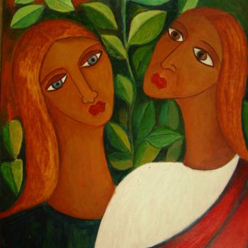 Painting titled "Sisters in the Gard…" by Manohar Mohan Raja, Original Artwork, Airbrush