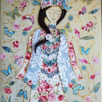Art textile intitulée "Caroline au jardin" par Manon, Œuvre d'art originale, Tissu