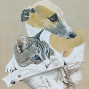 Disegno intitolato "Amour chien chat" da Manon Watteau, Opera d'arte originale, Pastello