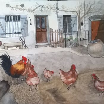 Pittura intitolato "mes-poules-oh-seign…" da Manonni, Opera d'arte originale, Acquarello