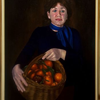 Painting titled "Woman with a basket…" by Manos Zervos, Original Artwork, Oil Mounted on Wood Panel