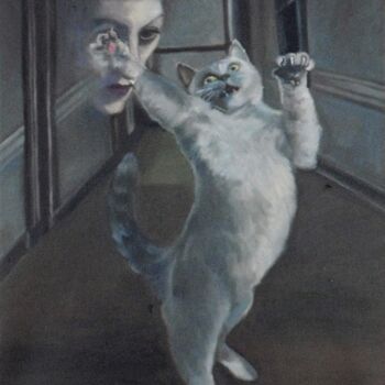 Painting titled "Cat and Spirit" by Manry Douglas, Original Artwork, Oil