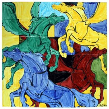 Peinture intitulée "flying horse" par Man Singh Nirwan, Œuvre d'art originale