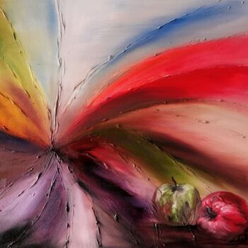 Painting titled "Apples and rainbows" by Mansoureh Ashrafi, Original Artwork, Oil Mounted on Wood Stretcher frame