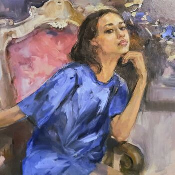 Malarstwo zatytułowany „Леди в голубом” autorstwa Elena Rezaeva, Oryginalna praca, Olej Zamontowany na Drewniana rama noszy